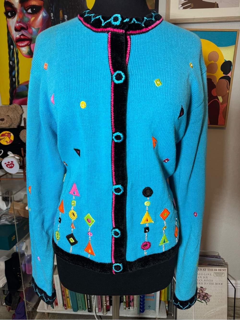 Vintage Jack B. Quick Turquoise Embroidered Button-Front Women’s Sweater